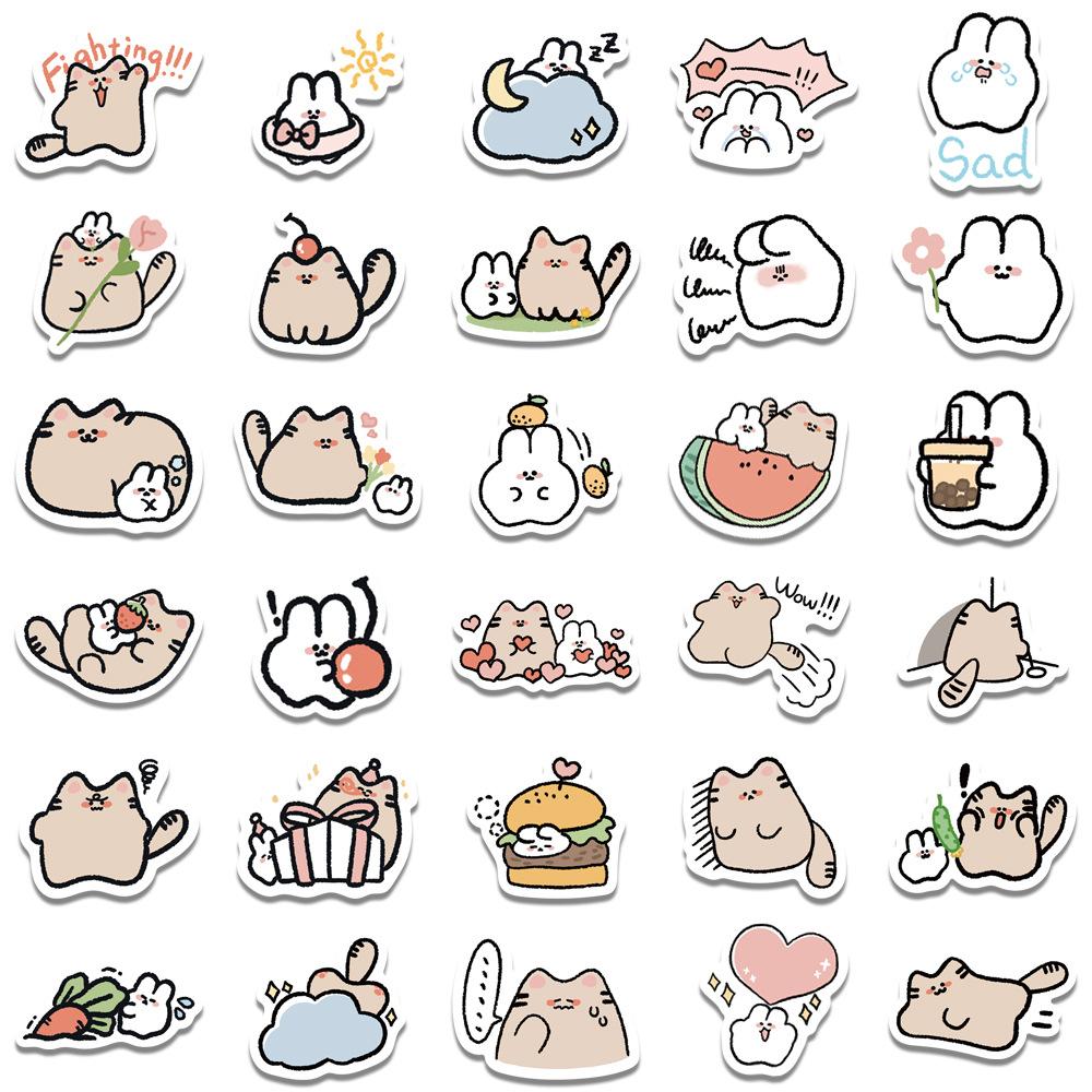 60 Cartoon Cat and Rabbit Doodle Stickers Trolley Box Water Cup Diary Waterproof DIY Stickers