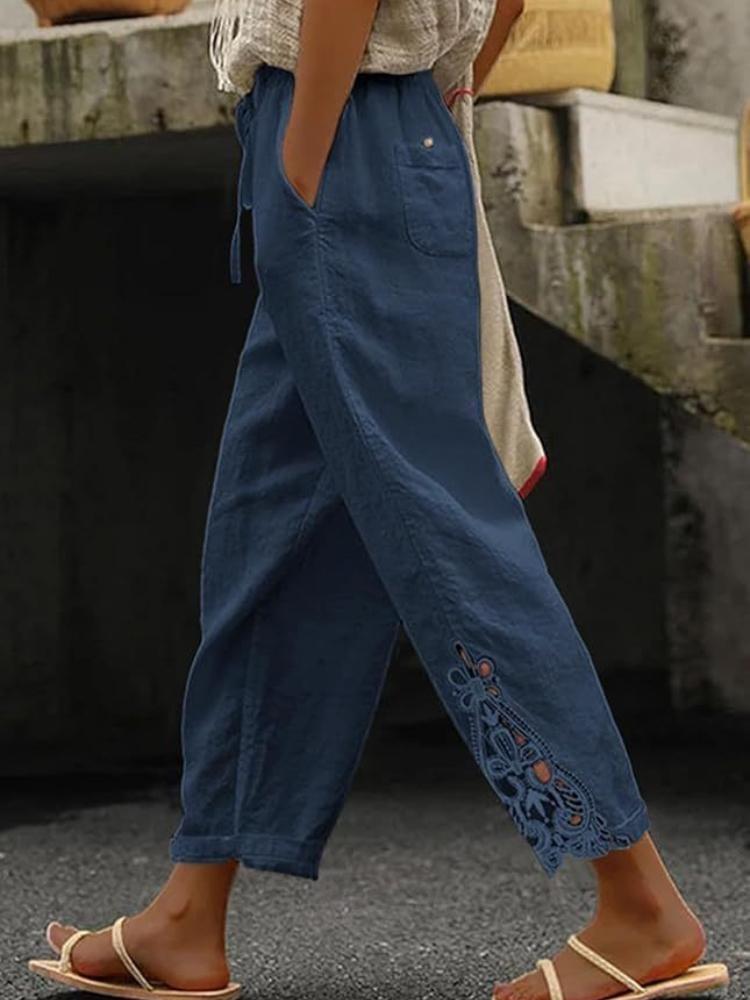 White Casual Pants for Women Loose Fit Elastic Waist Breathable Summer Trousers with Side Cutout Design Multiple Colors