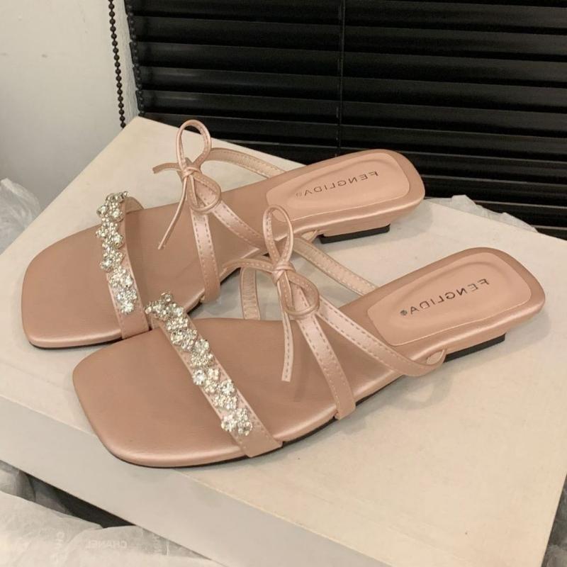 

Fashion Luxury Rhinestone Bow Decoration Slippers Women Fashion Square Toe Narrow Band Flat Sandals Elegant Comfort Brand Designer Shoes 35 розовый