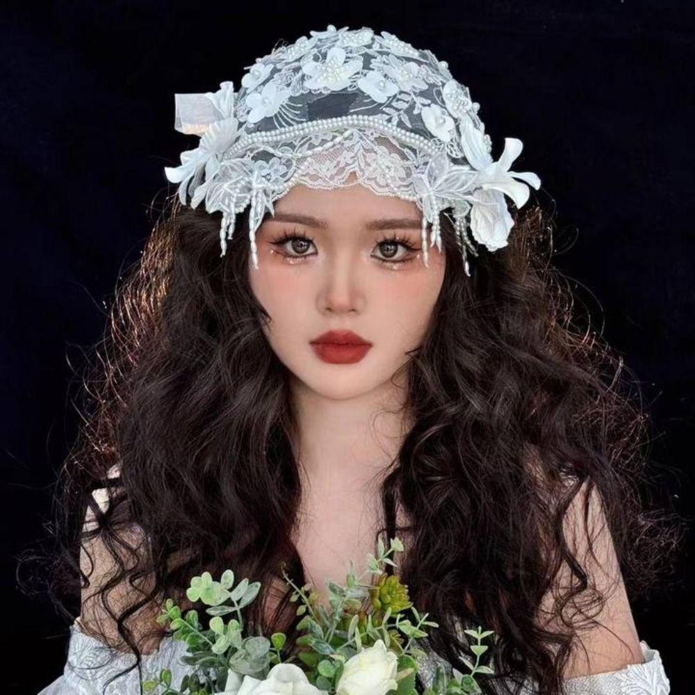 Lace Floral Bride Headdress White Wedding Headwear Vintage Bridal Hat  Hair Jewelry