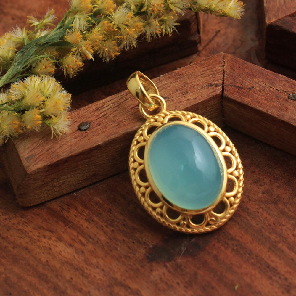 Aqua Chalcedon Gelb vergoldeter Anhänger 925 Sterling Silber Handgefertigter Damenschmuck