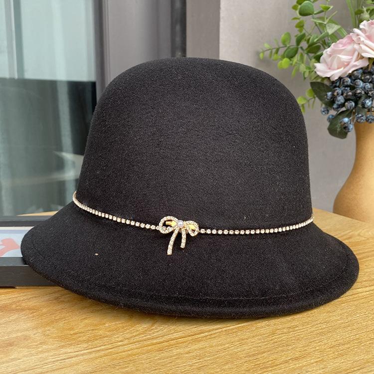 

Autumn and Winter Hat Women s Fashion and Elegance Bow Woolen Hat Top Hat British Retro Basin Hat ONE SIZE чорний