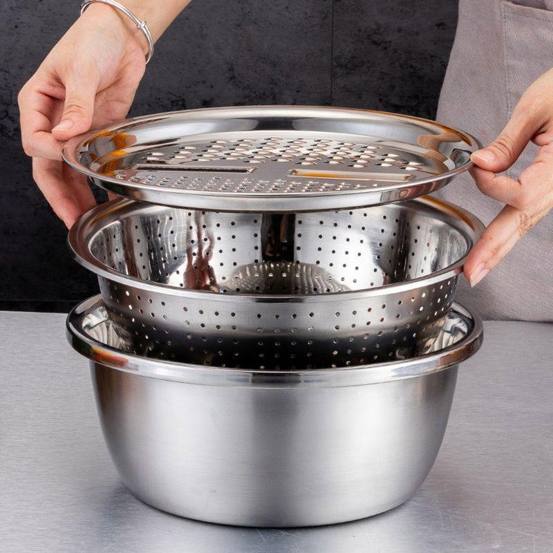 Three-Piece Stainless Steel Grater, Colander, and Vegetable Washing Bowl Set for Multi-functional Kitchen Use