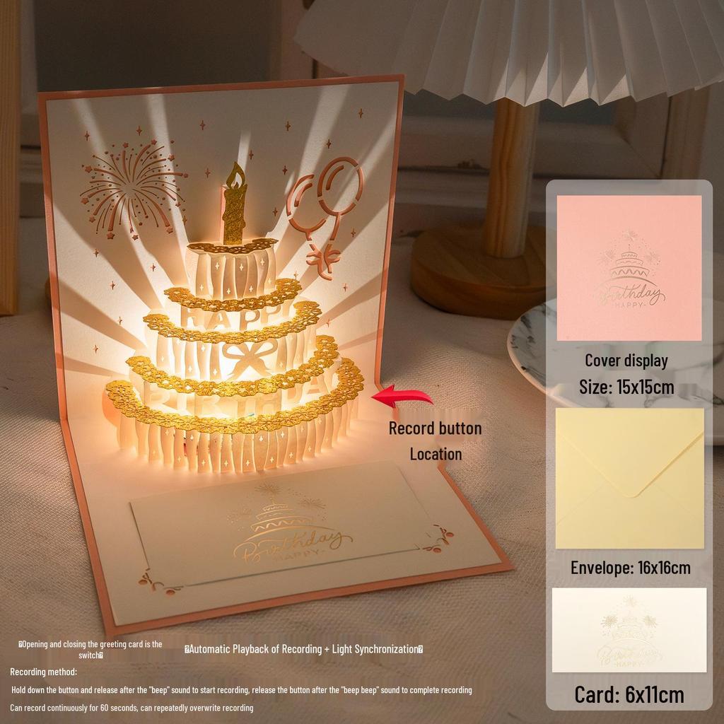 3D Pop-Up Birthday Sound Card with Recording Light - Cake Design for Boyfriend/Girlfriend Gift