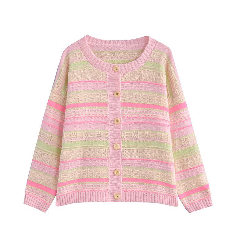 

Женская свободная полосатая верхняя одежда в корейском стиле, универсальный легкий вязаный свитер-кардиган 2XL розовый