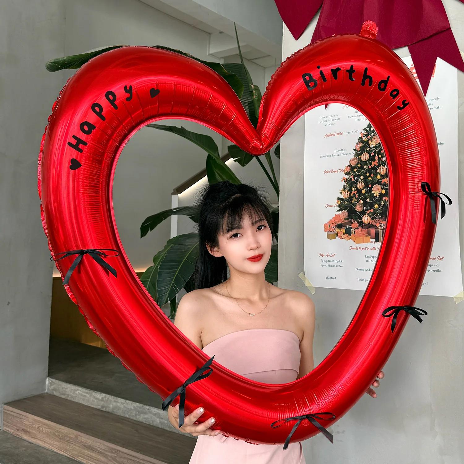 BEPAN Happy Birthday Heart Photo Frame Balloon with Bowknot Stickers Girlsfriend Theme Birthday Party Photo Props Wedding Decoration Other