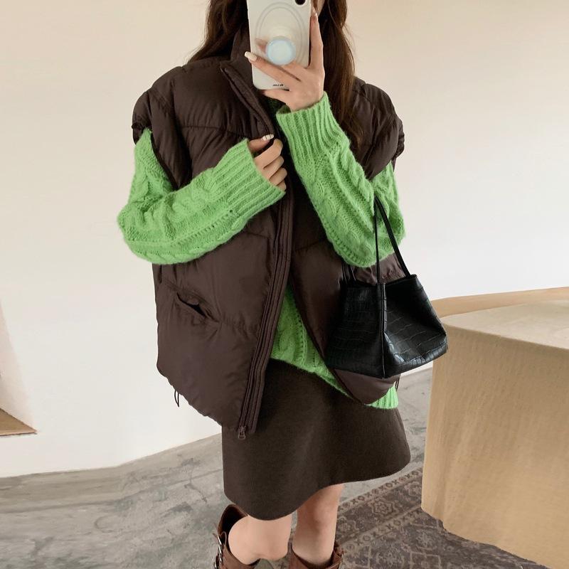 New Women's Clothing Solid Color Zipper Pocket Cotton Clothes Vest Fashion Stand-up Collar Temperament Commuter Jacket