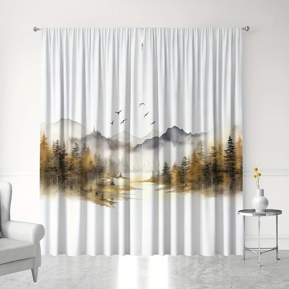 2pcs, Chinese Mountain Lnk Painting Print Curtain,Rod Pocket Mount,Polyester Material For Living Room Bedroom Kitchen Free Ship