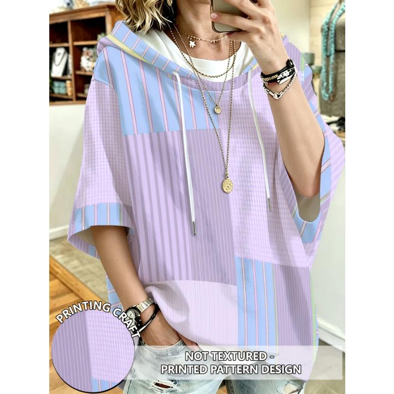Plus size women's hooded top plaid striped patchwork loose dropped shoulder sleeves hoodie