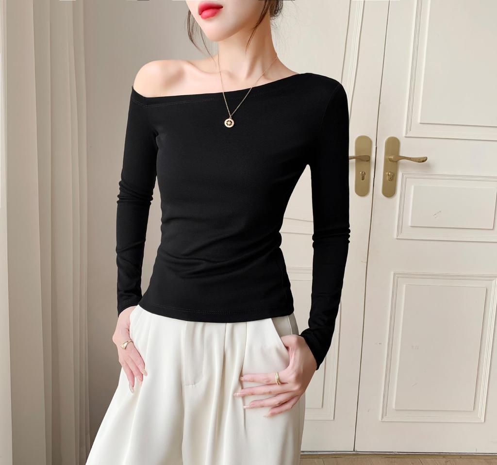 Off-the-Shoulder Ribbed Cotton Slim-Fit Top for Women - Autumn/Winter Collection