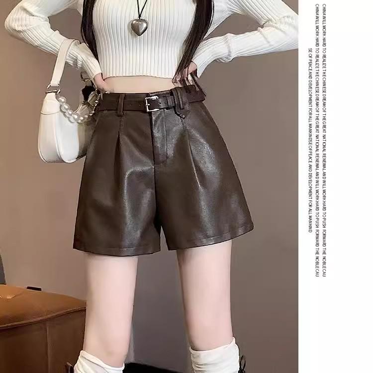 Women's 2024 Autumn/Winter Black High-Waisted Leather Wide-Leg Shorts - Casual, Slimming, Versatile Boot Pants