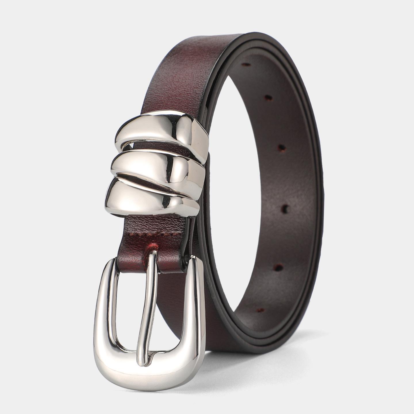 

Genuine Cowhide Leather Retro Thin Belt with Double Ring Lock for Women and Men 105 cm