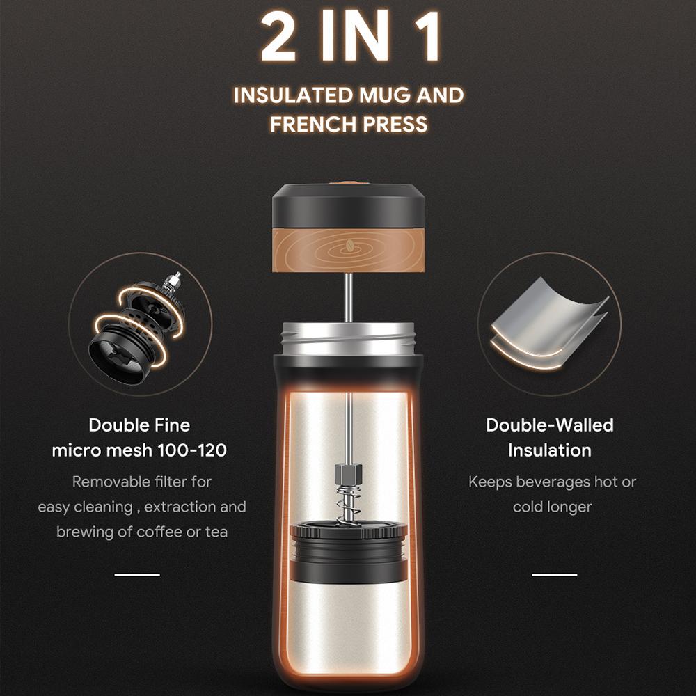 320ML Outdoor Portable French Press Coffee Maker, Stainless Steel Insulated French Press, Automatic Coffee Grounds Separation