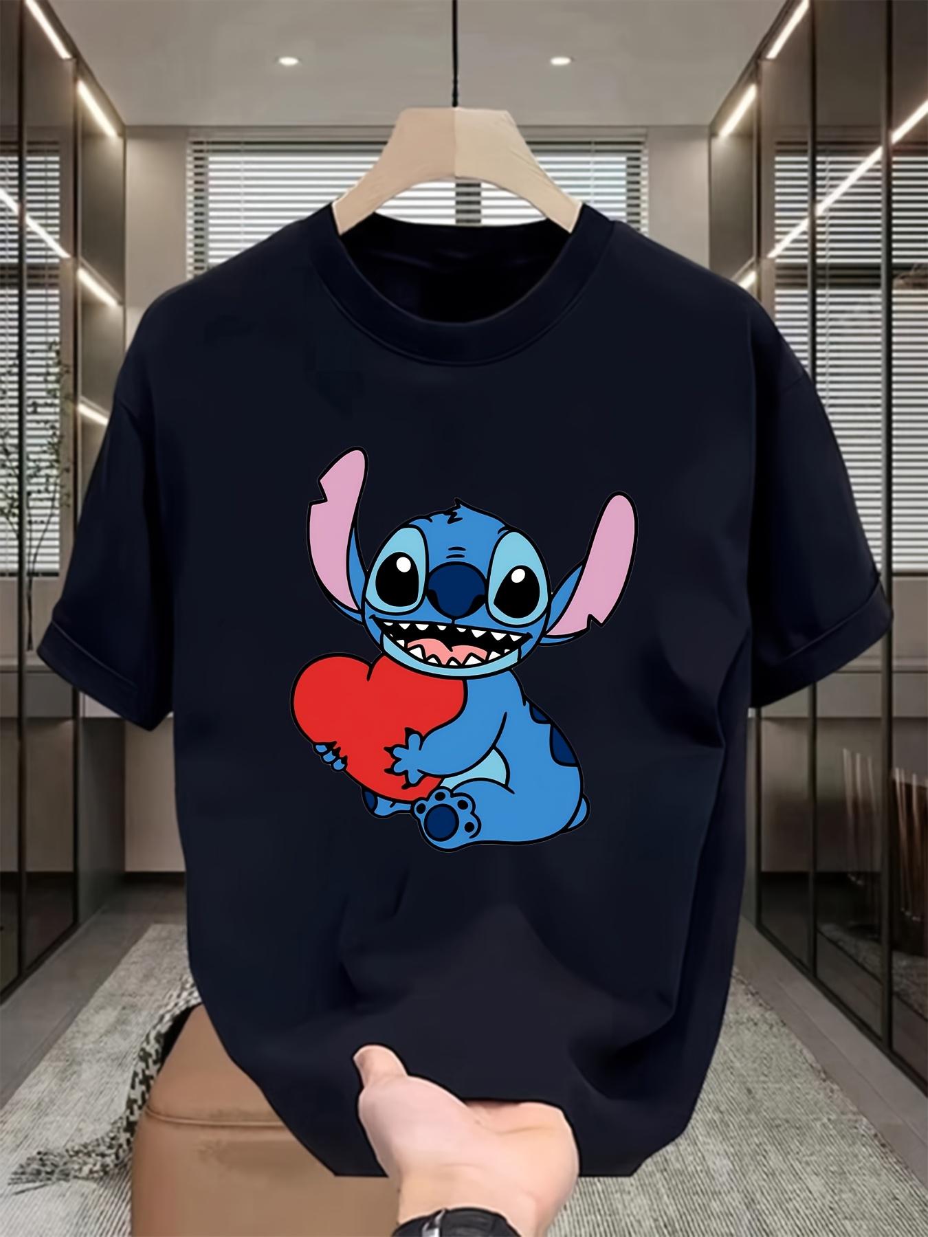 Disney Stitch & WoSummer T-shirt - Black Casual Short Sleeve Tee with Playful Stitch & Heart Graphic S