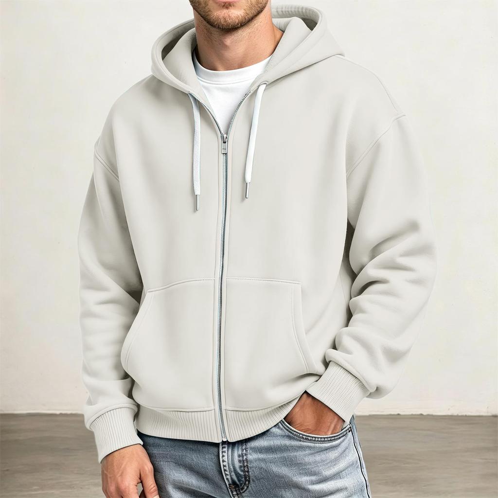 Men's Full Zip Hoodie Drop Shoulder Sleeves, Casual Long Sleeve Sweatshirt for Everyday Wear