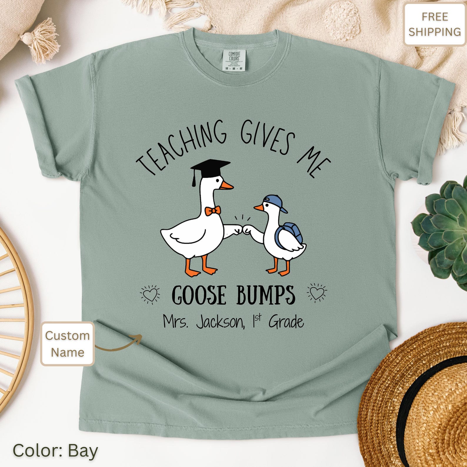 Personalized Teacher T-shirt: Funny Goose Graphic, Garment-Dyed Cotton S