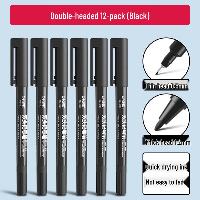 Deli Double-Ended Black Oil-Based Fine Tip Marker for Art Students and Children's Drawing