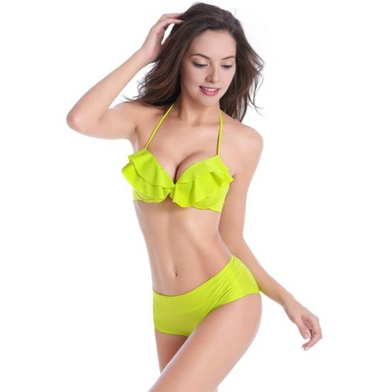 Women Bikini Set, Push-Up Cup with Built-In Steel Support Bikini Set, Double Layer Ruffle Trim Swimming Suit, Adjustable Hanging Neck Strap High