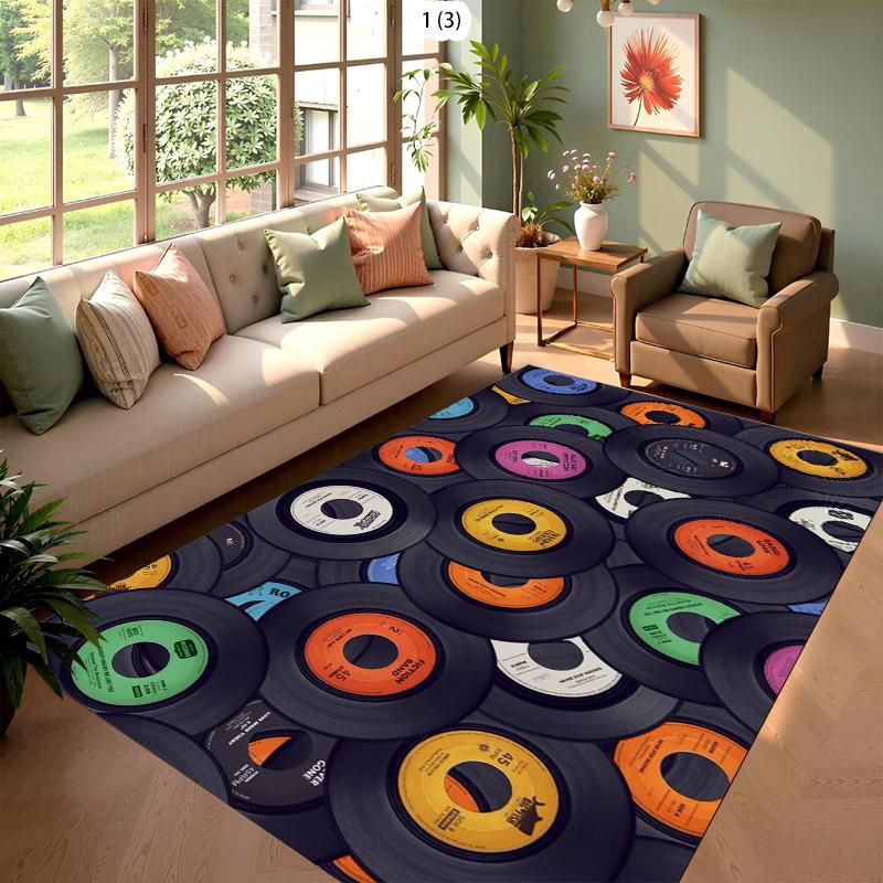 Vintage Worn Vinyl Record Rug Grunge Red & Black NonSlip Easy Clean Artistic Decor Carpet for Living Room Man Cave & Music Room