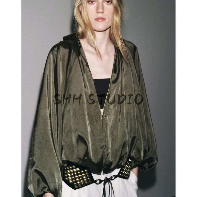 Summer Women's Clothing Casual Style Lapel Long Sleeves Ruched Hem Puffy Pilot Jacket Outwear 2814404