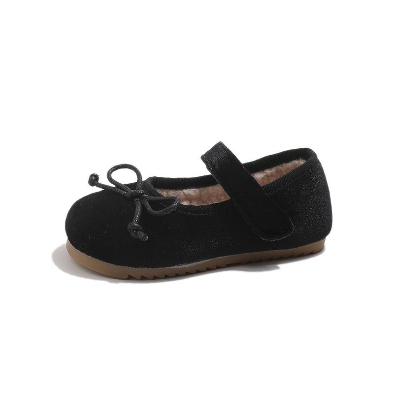 Autumn/Winter Girls' Bow Cotton Baby Flats, Versatile Velvet Low-Cut Princess Shoes