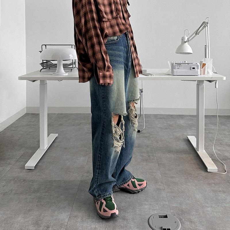 Washed ripped jeans men's autumn loose niche wide-leg trousers Korean version trendy old straight-leg trousers