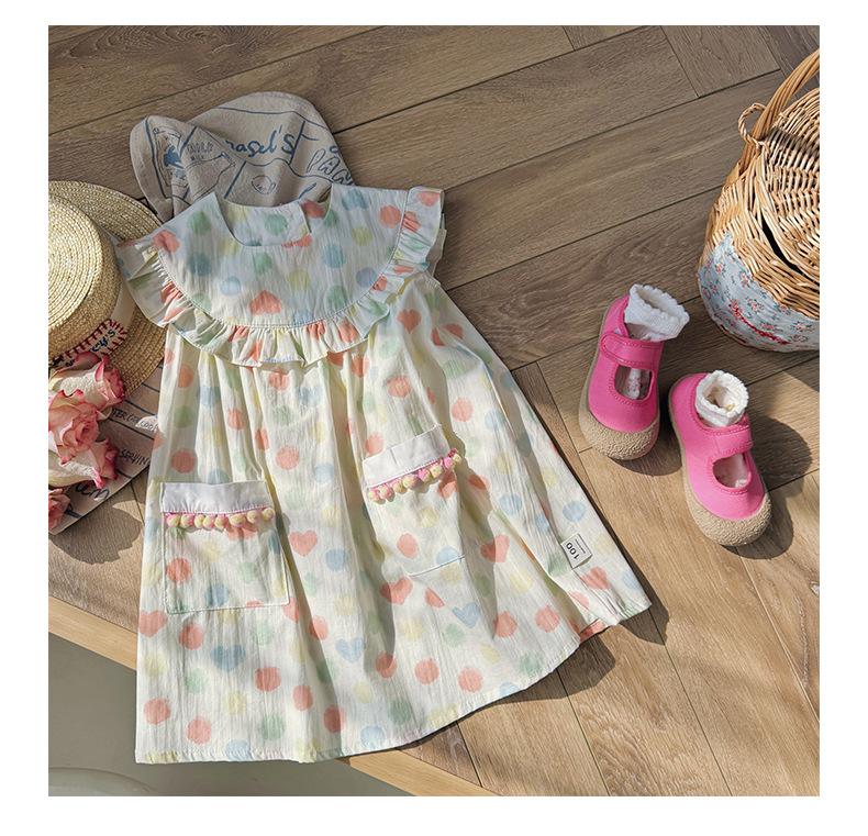 2024 Summer New Children's Clothes Colorful Polka Dot Girl Dress Korean Ruffle Doll Collar Children's Skirt Sweet