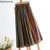 Japanese Mori Girl Women Midi Colorful Skirt High Waist Striped A-Line Skirt Cotton Linen Vintage Elegant Ladies Casual Skirt