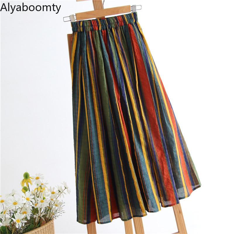Japanese Mori Girl Women Midi Colorful Skirt High Waist Striped A-Line Skirt Cotton Linen Vintage Elegant Ladies Casual Skirt