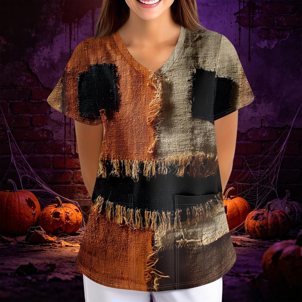 Women Halloween Print Loose Fit V Neck Short Sleeve Top with Pocket Comfortable Fabric for Work or Casual Wear