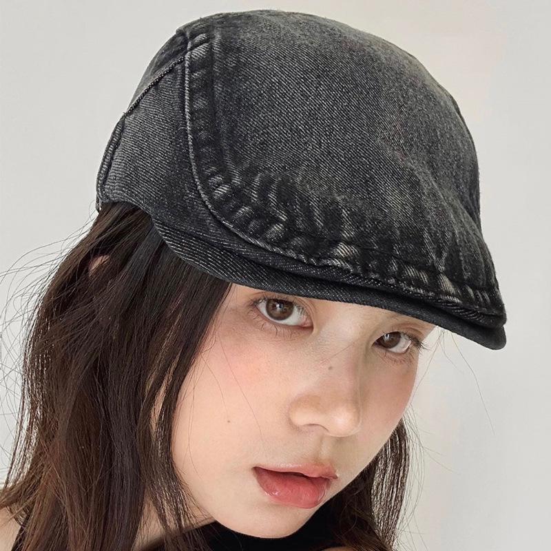 Women's Retro Washed Denim Newsboy Cap - Korean Style, Large Fit, Face-Slimming Beret