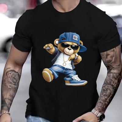 Camiseta de Manga Corta con Cuello Redondo, de Algodón 100%, de Verano para Hombre, Moda Casual Deportiva, Holgada, Talla Grande, Estampado de Oso de Dibujos Animados Fresco