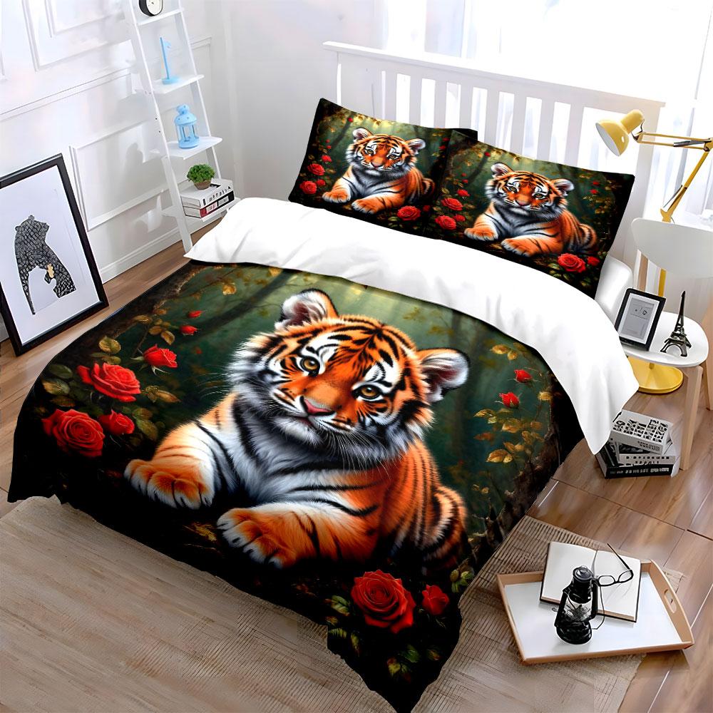 Tiger with Red Roses Forest Bedding Duvet Cover Set  (1*Duvet Cover 2*Pillowcases, Without Duvet Insert)