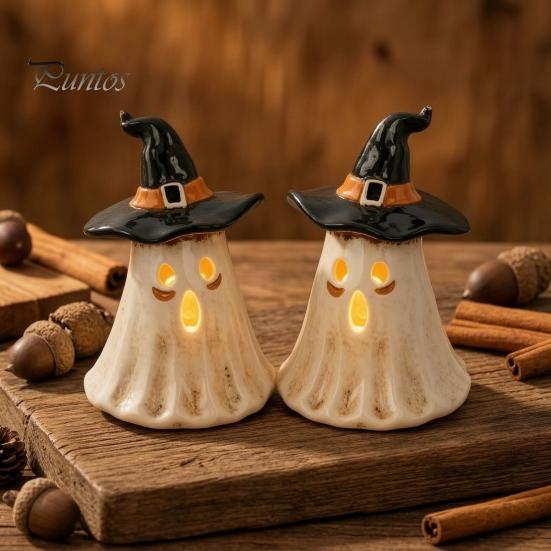 Farmhouse Style Autumn Decor Witch Hat Ghost Tealight Candle Holder, Vintage Resin Halloween Tabletop Rustic Pastoral Theme Ornaments with Warm