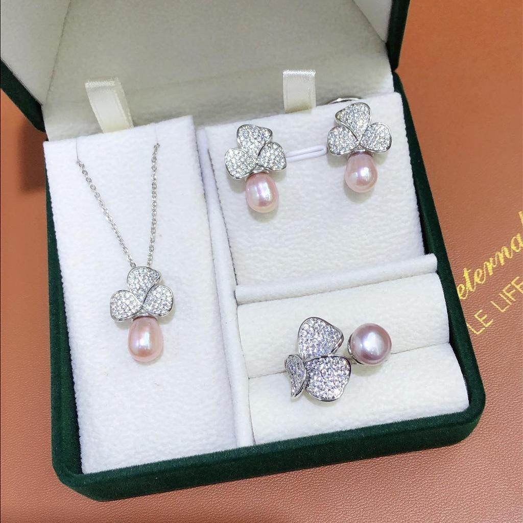 Freshwater Pearl Inlaid Pendant, Earrings & Ring Set - Fashionable Three-Piece Jewelry Collection