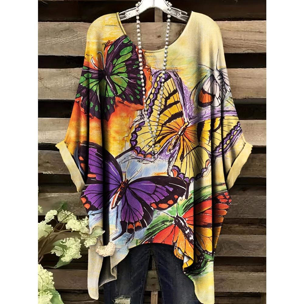 Stor T-shirt för kvinnor med fjärilstryck Sommar Bekväm Lös Rundhals Kortärmad Topp Y2k Mode Street Vintage Kläder