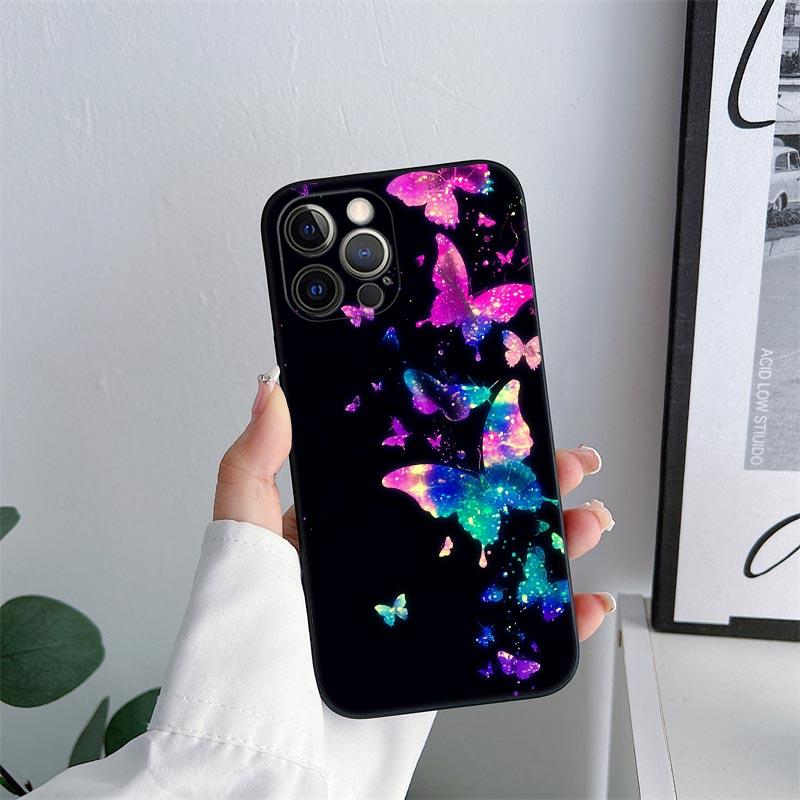 Butterfly Love Black Phone Case for iPhone 11 15 16 Pro Max Case Coque 14 Plus 13 Pro 12 11 XS 16 8 SE 2020 15Pro TPU Soft Cover