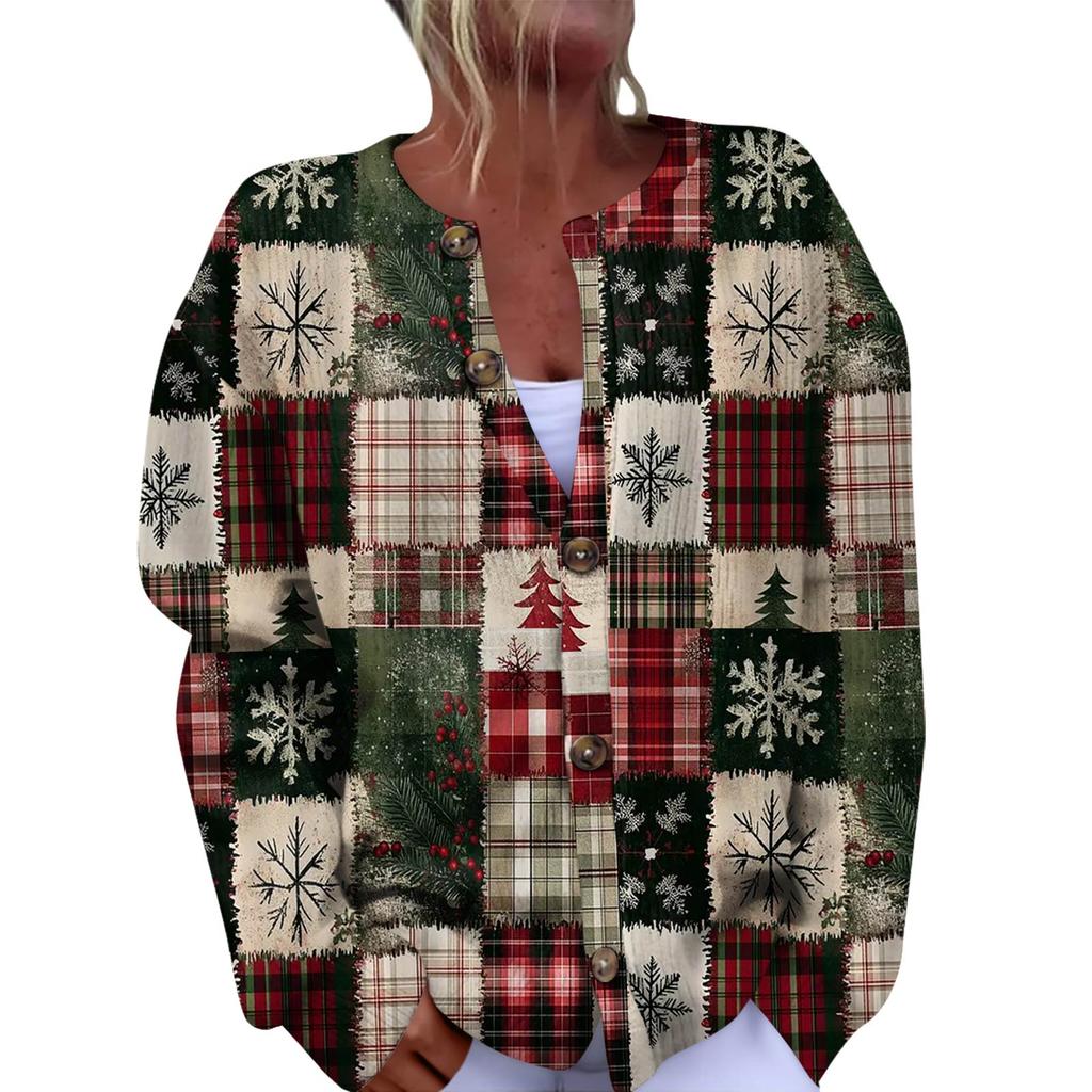 Women's Fashion Christmas Printed Long Sleeve Knitted Cardigan Button Down Jacket