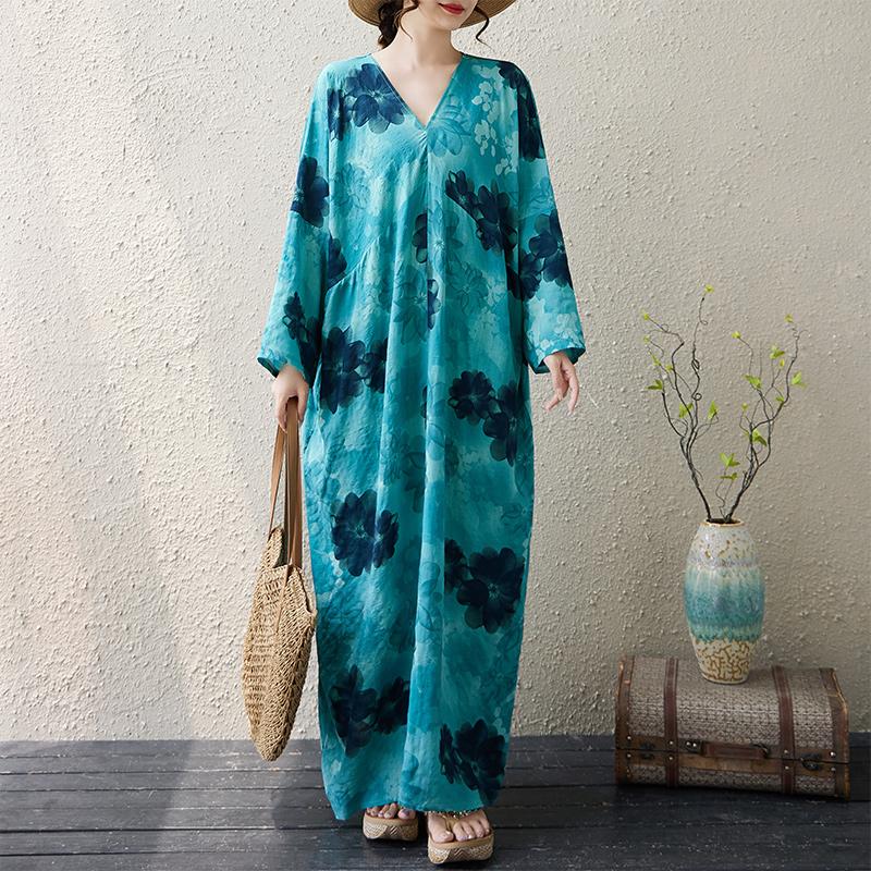 Dimanaf 2025 Women Plus Size Spring Long Dress Loose Basic Printing Vintage Casual Floral Oversize Long Sleeve Maxi