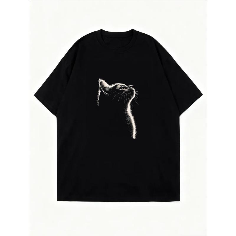 White T Shirt With Cat Embroidery Design For Casual Wear