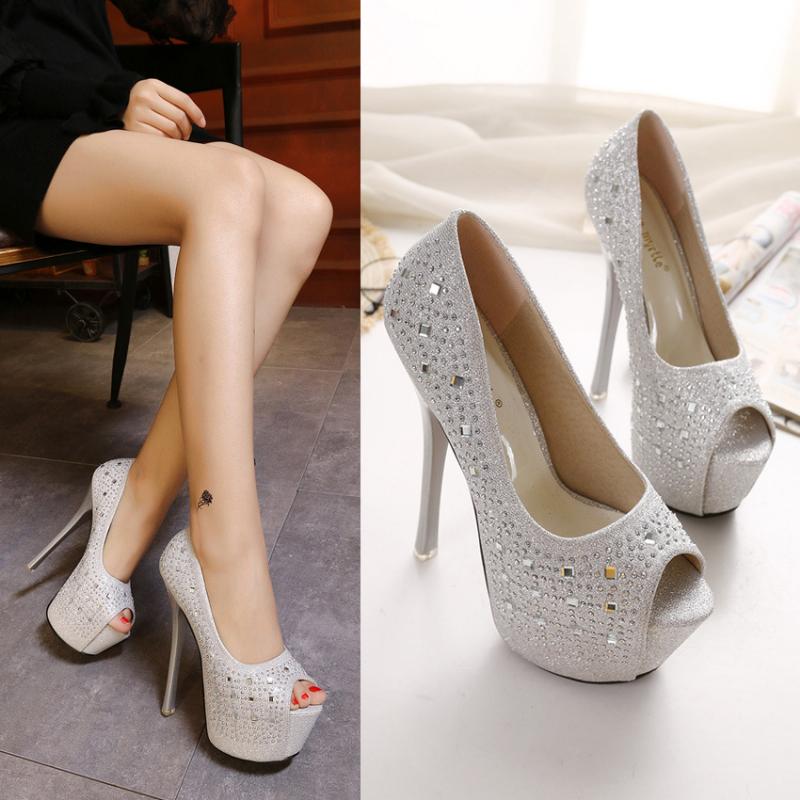 Νέες τάσεις Ευρωπαϊκή και Αμερικάνικη Μόδα Ανύψωση στρας Fish Mouth Λεπτά Τακούνια Γυναικεία Παπούτσια Νυχτερινό κλαμπ Σέξι ψηλοτάκουνα