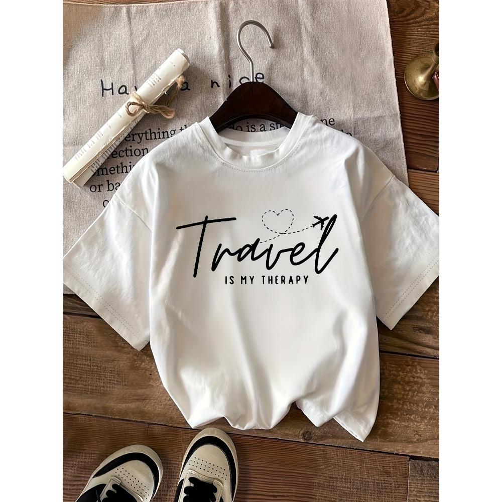 Women Casual Crew Neck T-Shirt Travel Is My Therapy Graphic Summer Short Sleeved Harajuku Streetwear Tops Tees