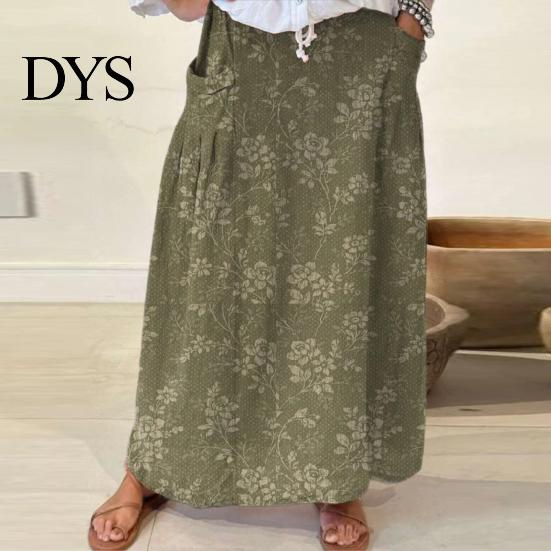 Women Summer Skirt Maxi Elastic Waist Flower Leaf Printed Casual Bohemia Style A-Line Loose Bubble Beach with Pockets A-line