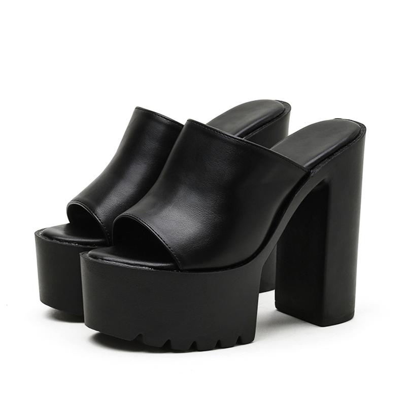 Square Heel Platform Mules Women Outdoor Slippers Peep Toe Slip On Sandals Shoes Slingbacks Black White Great Quality