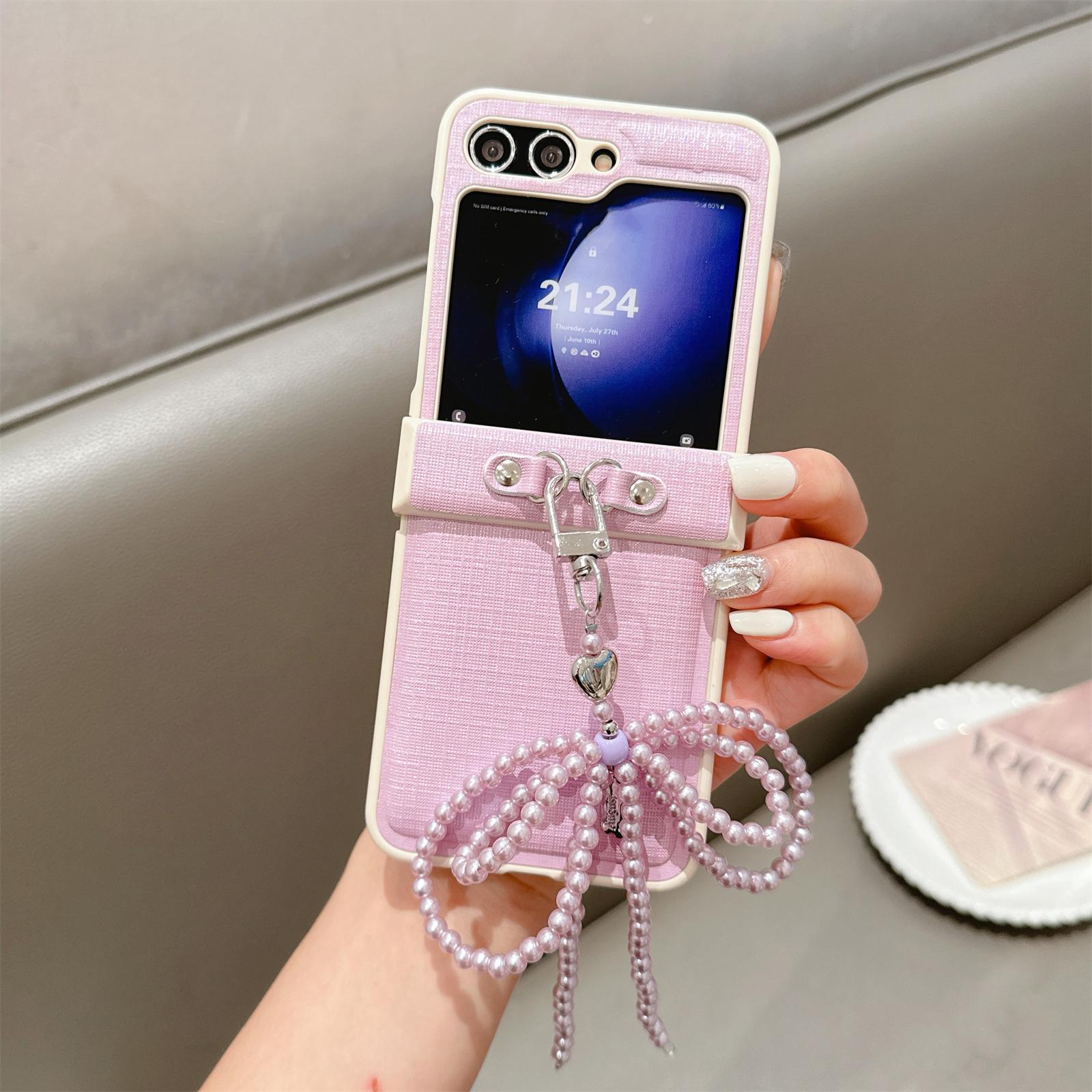 

For Samsung Galaxy Z Flip7 FE 5G/Z Flip6 5G Case Hinge Protection Leather+PC Phone Cover with Bow Beaded Strap A