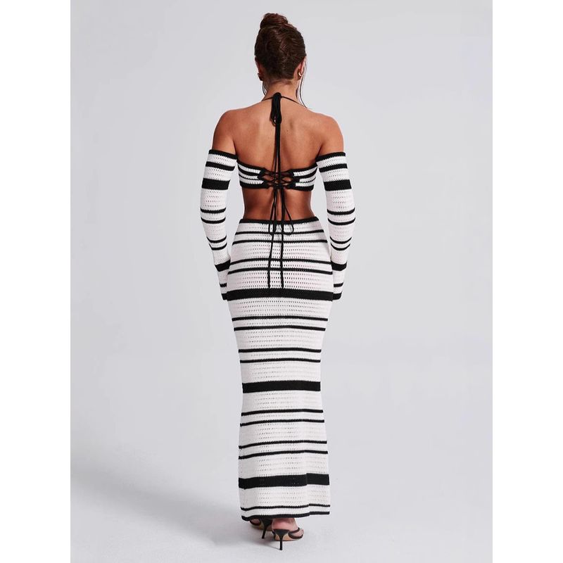 Long Sleeve Neck Hanging Dress Set Long Sleeves Halter Top Bodycon Dress Suit