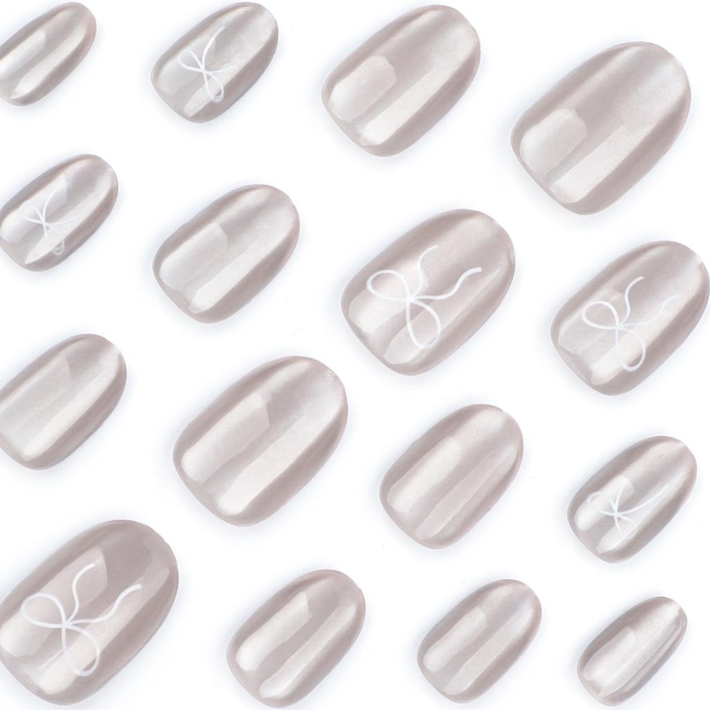 Autumn and winter senior gray cat eye wearing nail simple solid color short round manicure fake nail bow wearing nail piece