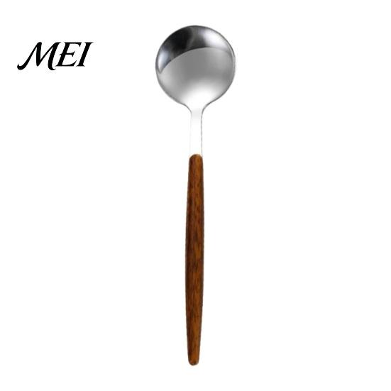 Pudding Serving Spoon Stainless Steel Coffee with Wood Grain Handle, Small Stirring Multi-purpose Dessert Spoon, Rustic Teaspoon for Ice Cream,