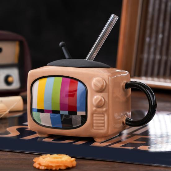 Retro Television Ceramic Mug with Lid & Straw 450ml Creative Nostalgic Design Coffee Cup Leak-Proof & Heat Resistant Drinking Cup Novelty Gift Home