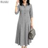 Women Casual Turn Down Collar 3/4 Sleeve Loose Plaid Print Long Shirt Dress